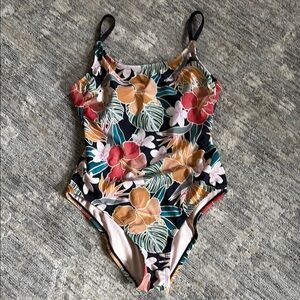 Hurley Black and tropical floral One Piece Swimsuit - open back - medium